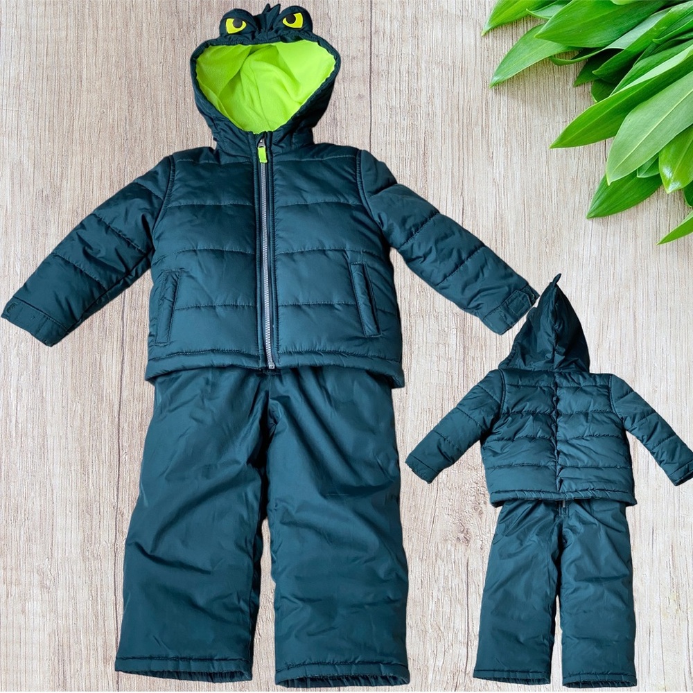 Carters Lime Green Dinosaur Puffer Boy Fleece Snow Bib 2 Piece Snowsuit Size 3T